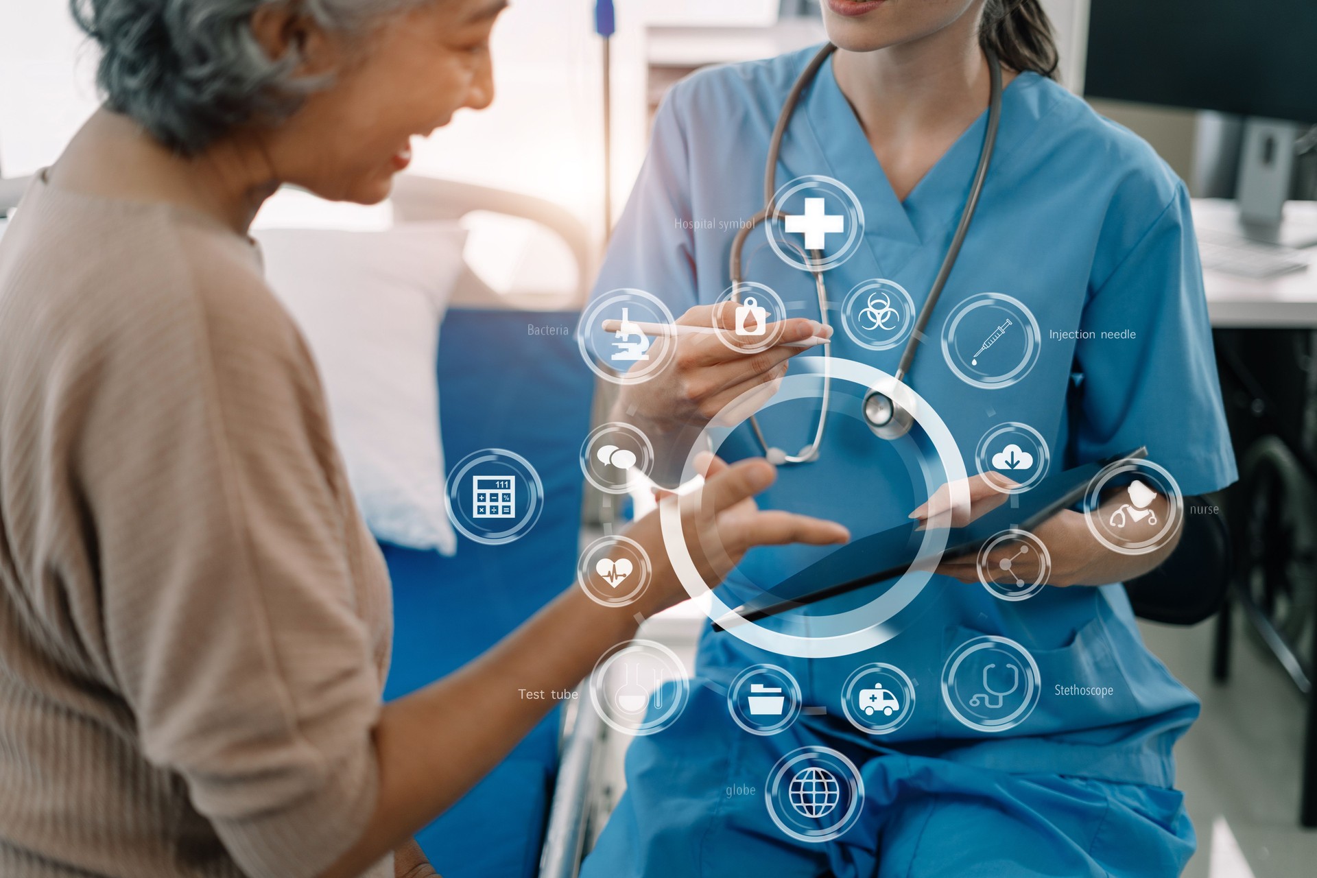 Concerned senior old patient, patient talks with healthcare professional.